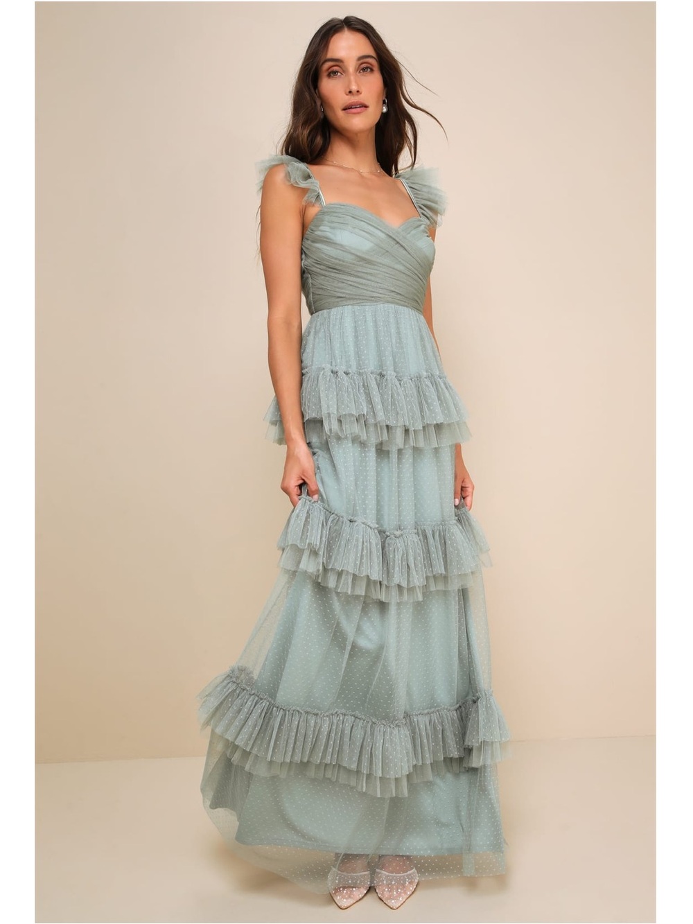 Lulus Pure Radiance Sage Brush Mesh Swiss Dot Tiered Mesh Maxi Dress Small